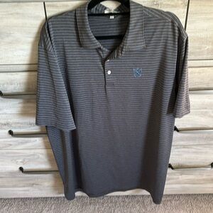 Peter Millar gray with blue stripes golf polo